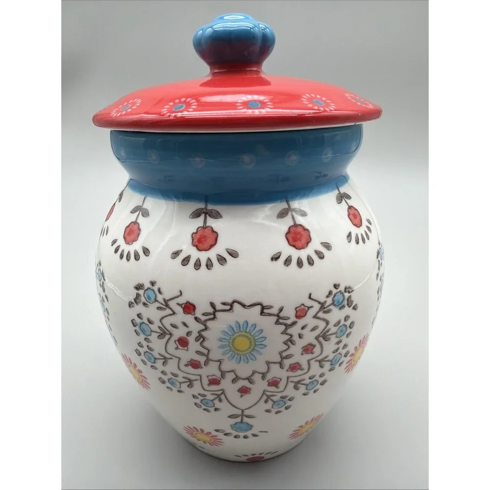 Graces Bakeware Painted Floral Red/Blue Cookie Jar/Canister with Lid